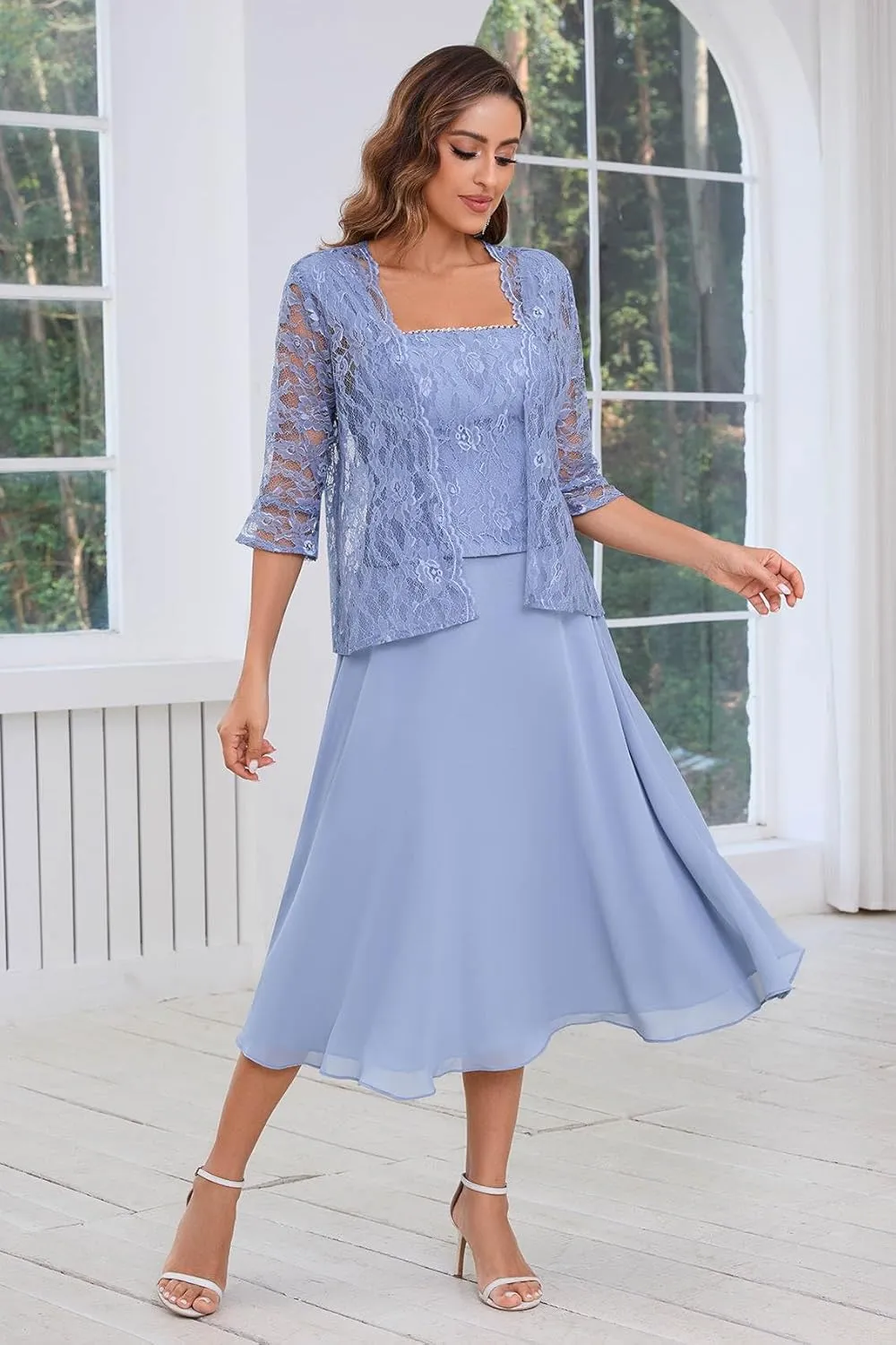 2 Pieces Lace Mother of The Bride Dresses for Wedding Tea Length Chiffon Formal Party Gown with Jacket
