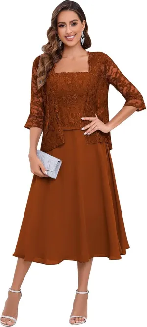 2 Pieces Lace Mother of The Bride Dresses for Wedding Tea Length Chiffon Formal Party Gown with Jacket