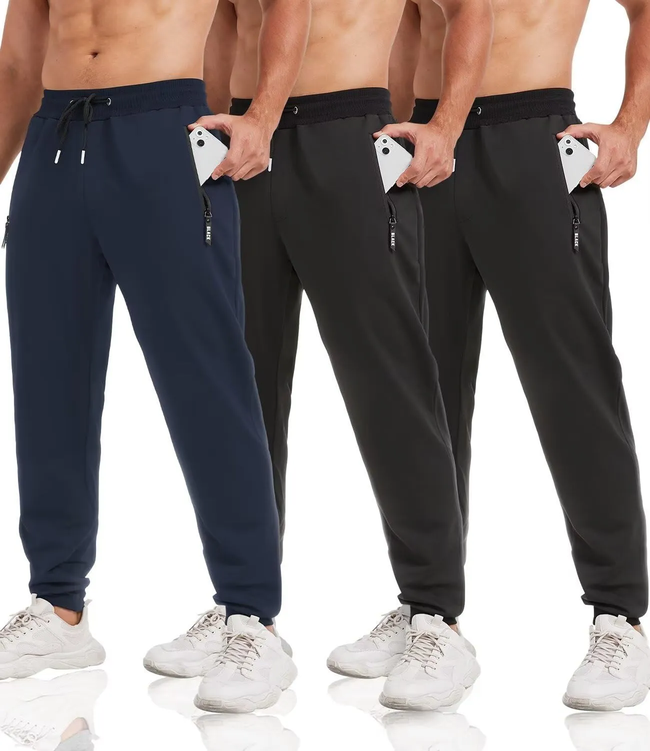 3 Pack Sweatpants for Men Tapered Mens Joggers Pants with Zip Pockets Fleece Slim Fit Workout Running Gym Sweat Pants