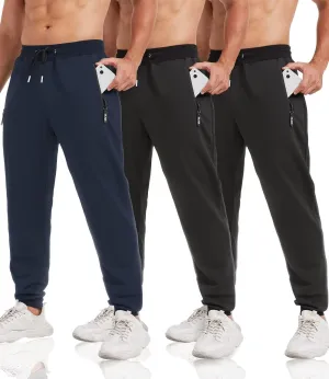 3 Pack Sweatpants for Men Tapered Mens Joggers Pants with Zip Pockets Fleece Slim Fit Workout Running Gym Sweat Pants