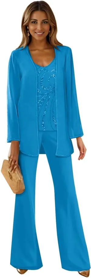 3 Piece Mother of The Bride Pant Suits for Wedding Long Sleeves Formal Pants Outfit with Jacket