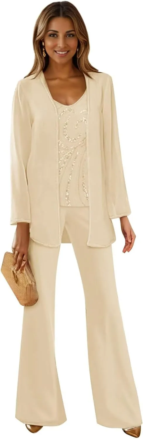 3 Piece Mother of The Bride Pant Suits for Wedding Long Sleeves Formal Pants Outfit with Jacket