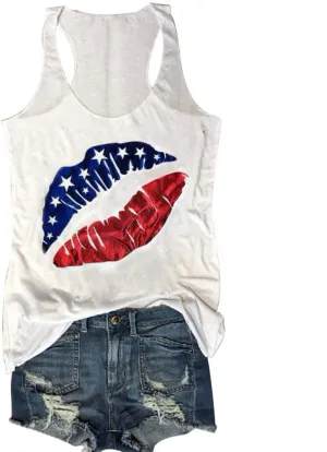 4th of July Tank Women American Flag Lips Funny Graphic Casual Sleeveless Tee Top
