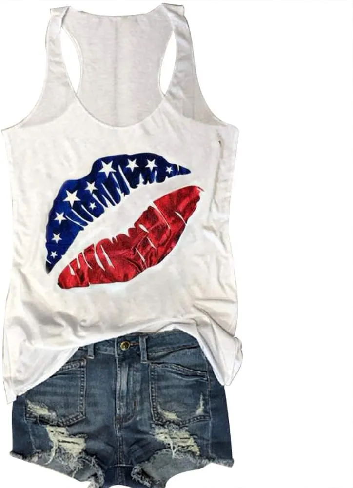 4th of July Tank Women American Flag Lips Funny Graphic Casual Sleeveless Tee Top