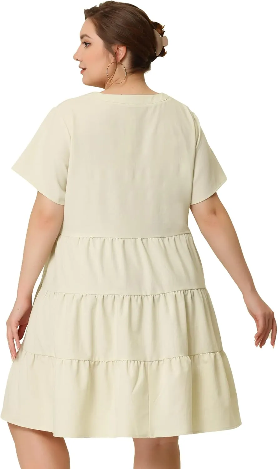 Agnes Orinda Plus Size Dresses for Women Button Down V Neck Knee Length Tiered Chambray Dress