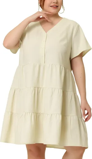 Agnes Orinda Plus Size Dresses for Women Button Down V Neck Knee Length Tiered Chambray Dress