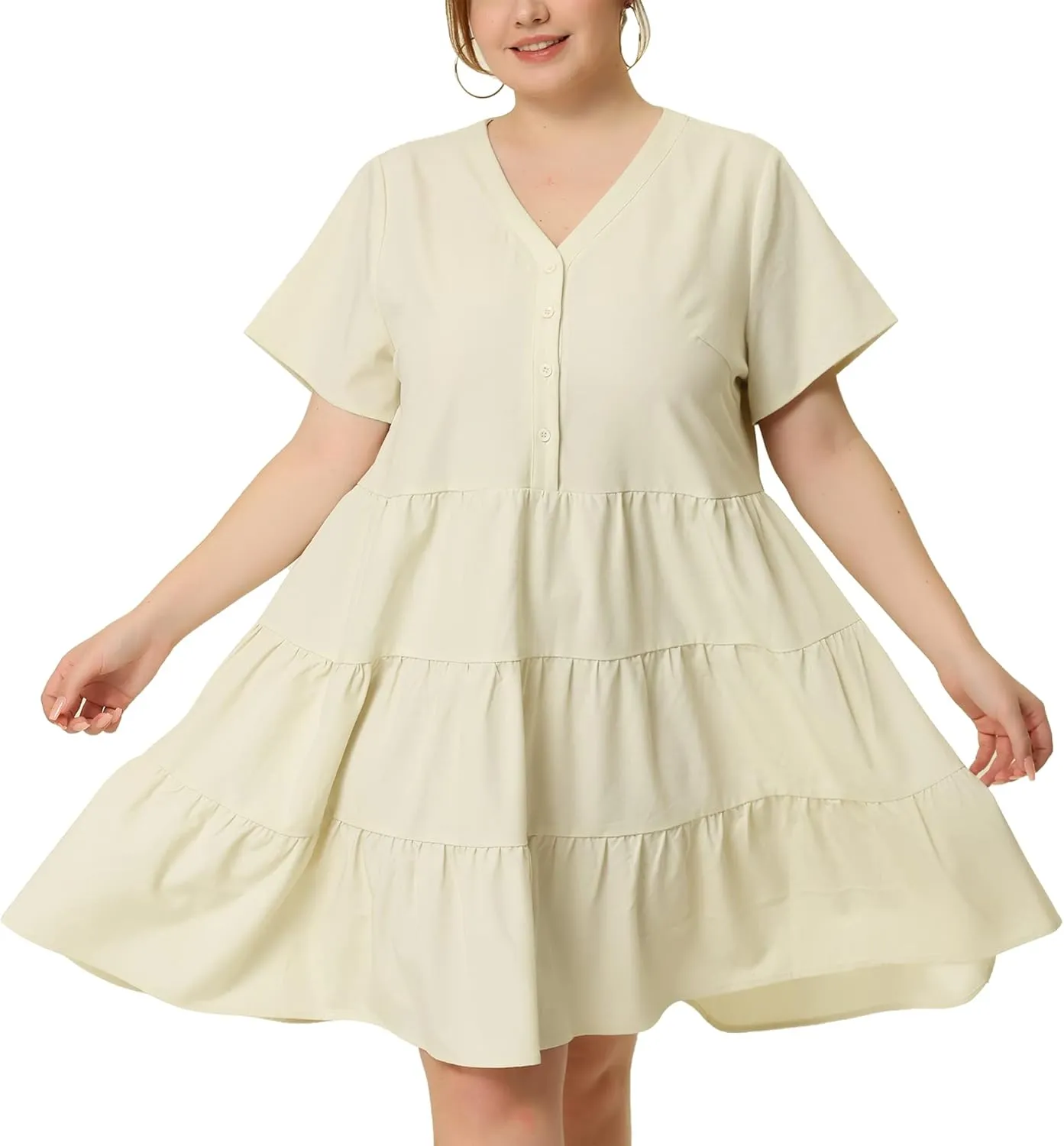 Agnes Orinda Plus Size Dresses for Women Button Down V Neck Knee Length Tiered Chambray Dress