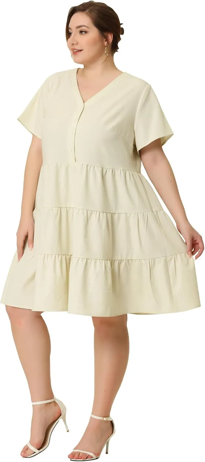 Agnes Orinda Plus Size Dresses for Women Button Down V Neck Knee Length Tiered Chambray Dress