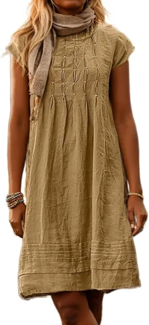Akivide Women's Cotton Linen Dress Casual Short Sleeve Crew Neck Ruched Flowy Summer Beach Sundress Loose Midi Dress