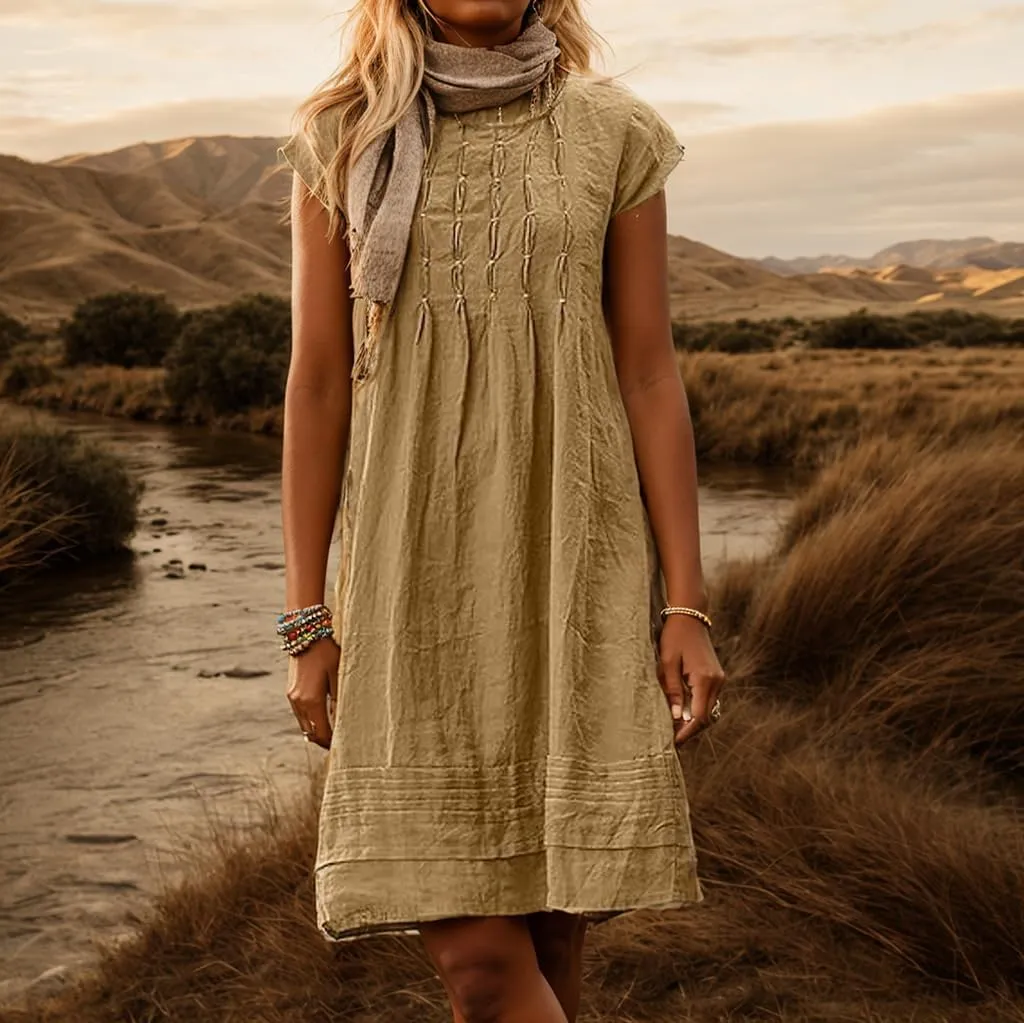 Akivide Women's Cotton Linen Dress Casual Short Sleeve Crew Neck Ruched Flowy Summer Beach Sundress Loose Midi Dress