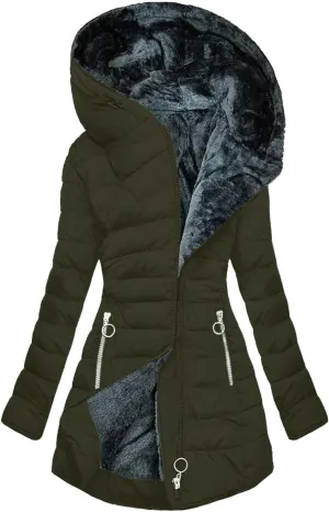 Akklian Winter Hooded Cotton Coats for Women Sherpa Waisted Fleece Jacket Fluffy Quilted Coat Padded Warm Parkas with Pockets