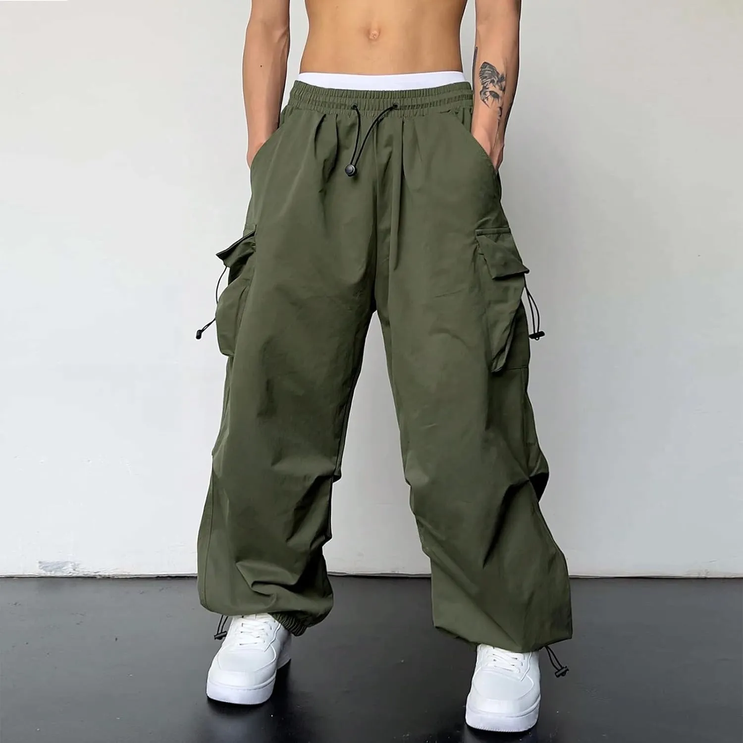Alalaso Mens Baggy Cargo Pants Parachute Pants Causal Loose Fit Joggers Trendy Harem Pants Hip Hop Streetwear with Pockets