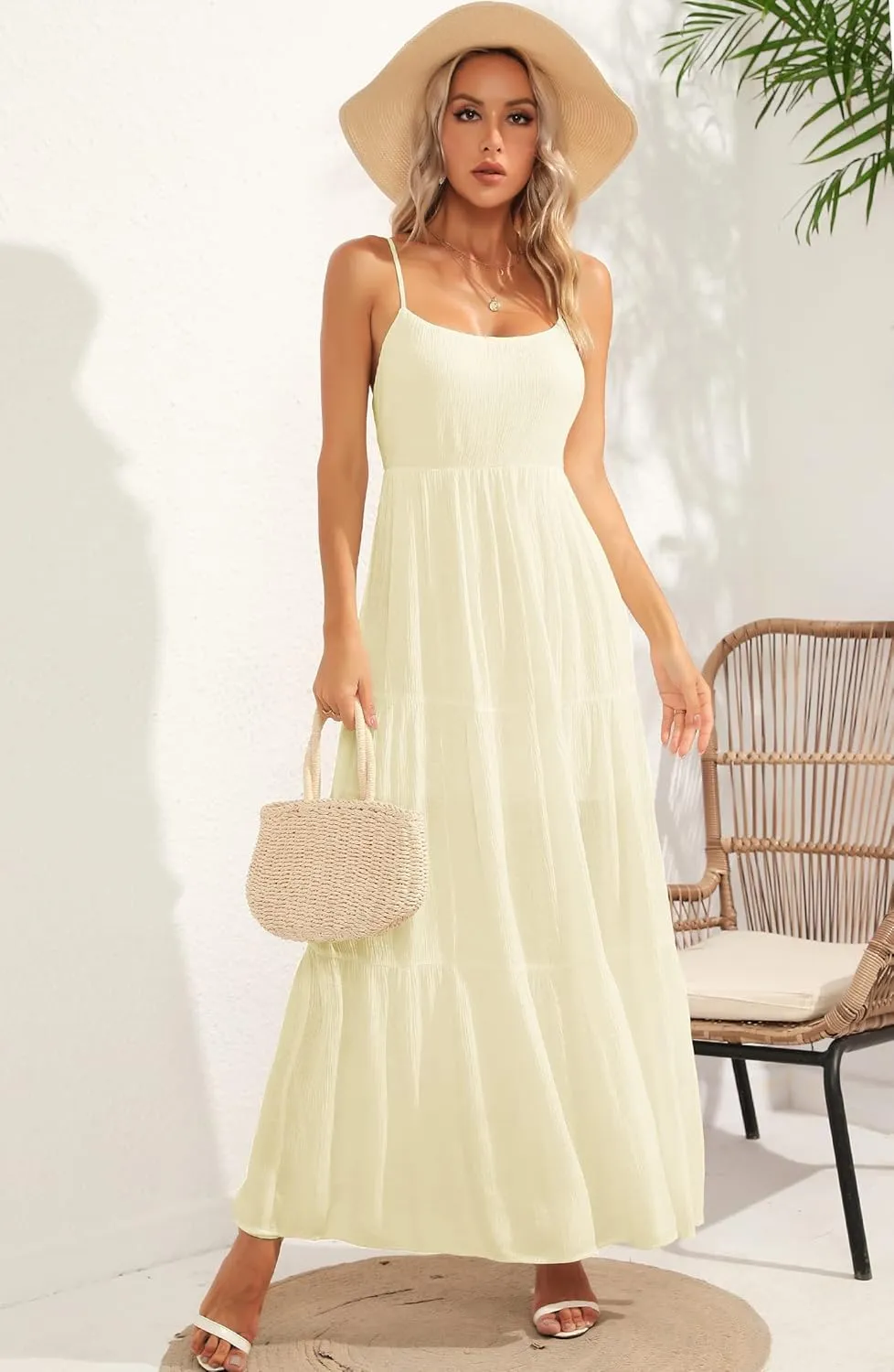 ALENDA DANMOS Women's Spaghetti Straps Maxi Dress Flowy Pleated Swing Beach Long Dress Low Backless Sundress 189