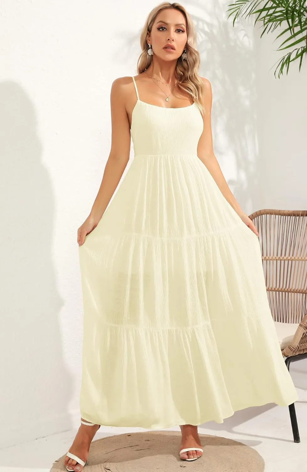 ALENDA DANMOS Women's Spaghetti Straps Maxi Dress Flowy Pleated Swing Beach Long Dress Low Backless Sundress 189