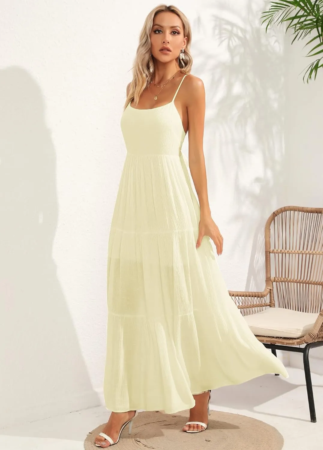 ALENDA DANMOS Women's Spaghetti Straps Maxi Dress Flowy Pleated Swing Beach Long Dress Low Backless Sundress 189
