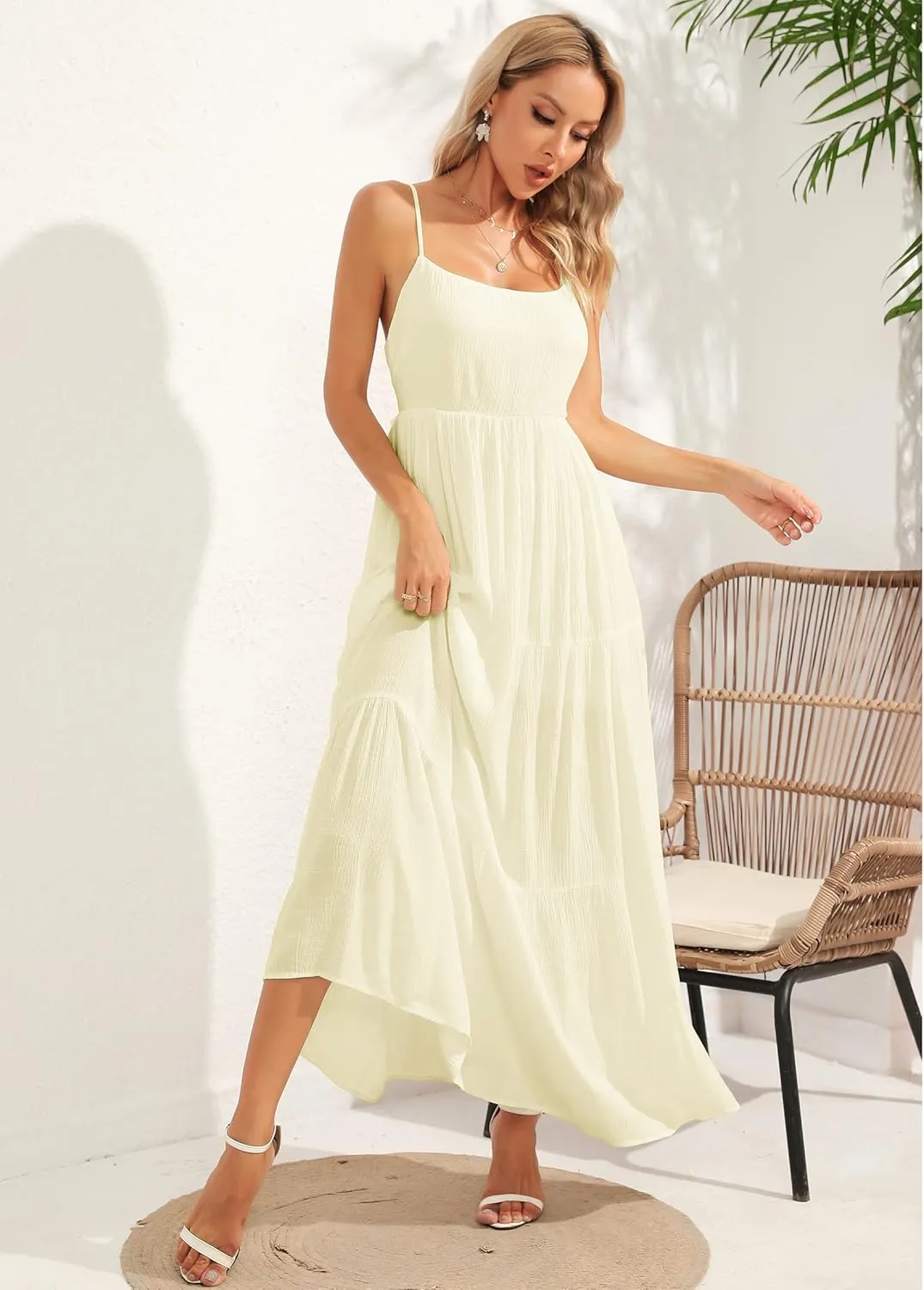 ALENDA DANMOS Women's Spaghetti Straps Maxi Dress Flowy Pleated Swing Beach Long Dress Low Backless Sundress 189