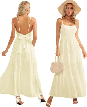 ALENDA DANMOS Women's Spaghetti Straps Maxi Dress Flowy Pleated Swing Beach Long Dress Low Backless Sundress 189