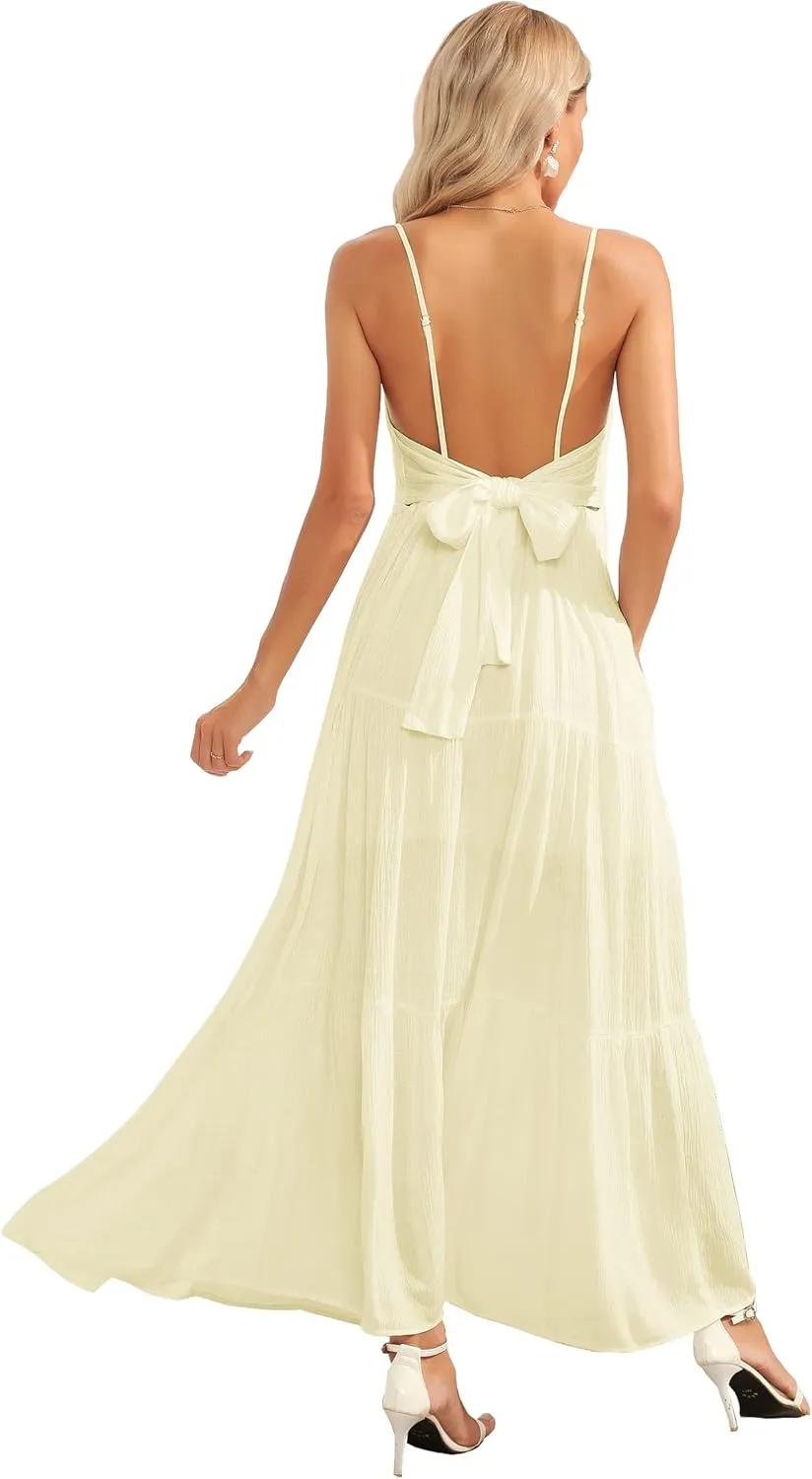 ALENDA DANMOS Women's Spaghetti Straps Maxi Dress Flowy Pleated Swing Beach Long Dress Low Backless Sundress 189