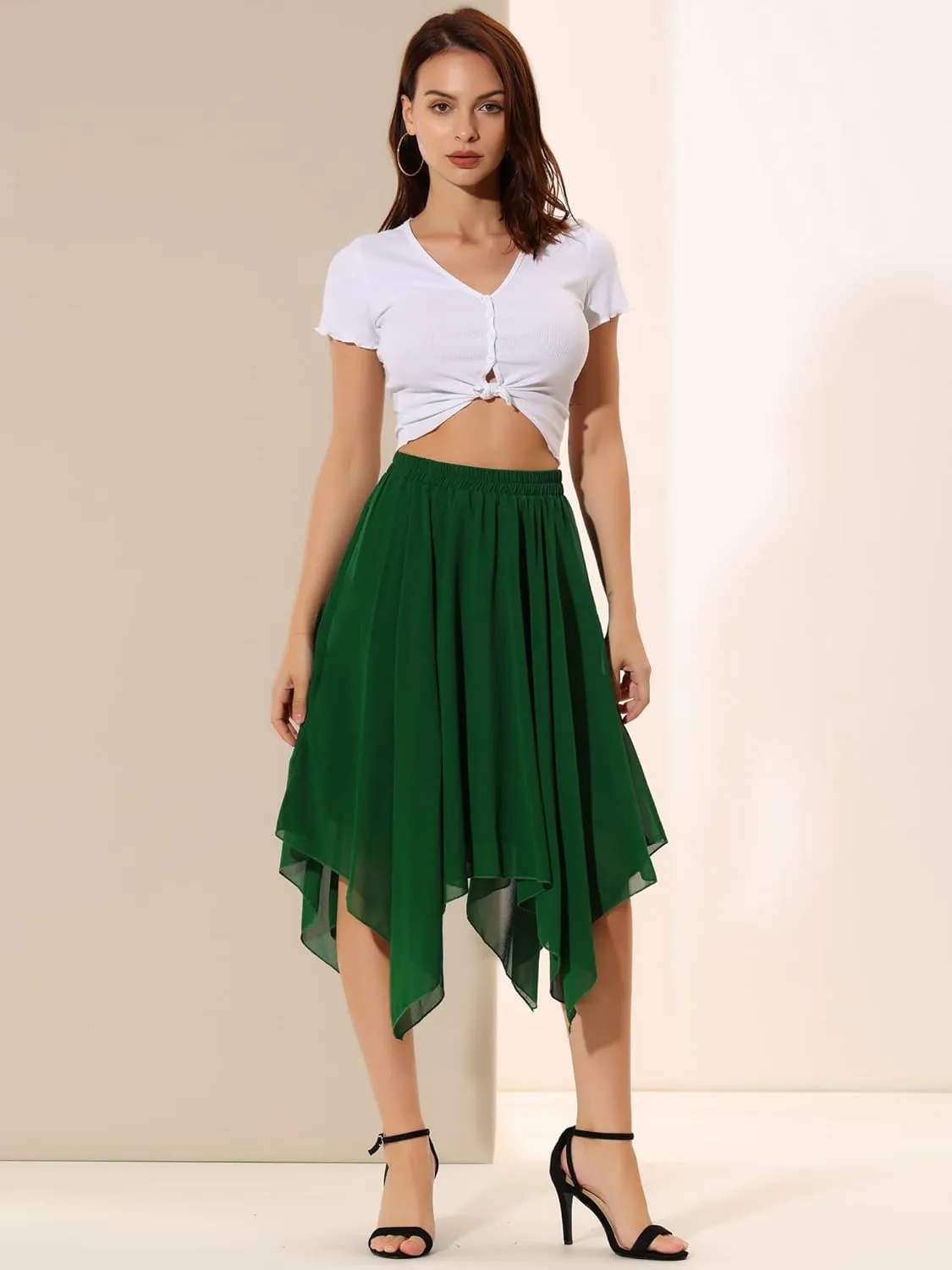 Allegra K Women's Asymmetrical Hem Elastic Waist Chiffon Flowy Vintage Handkerchief Hemline Midi Skirt