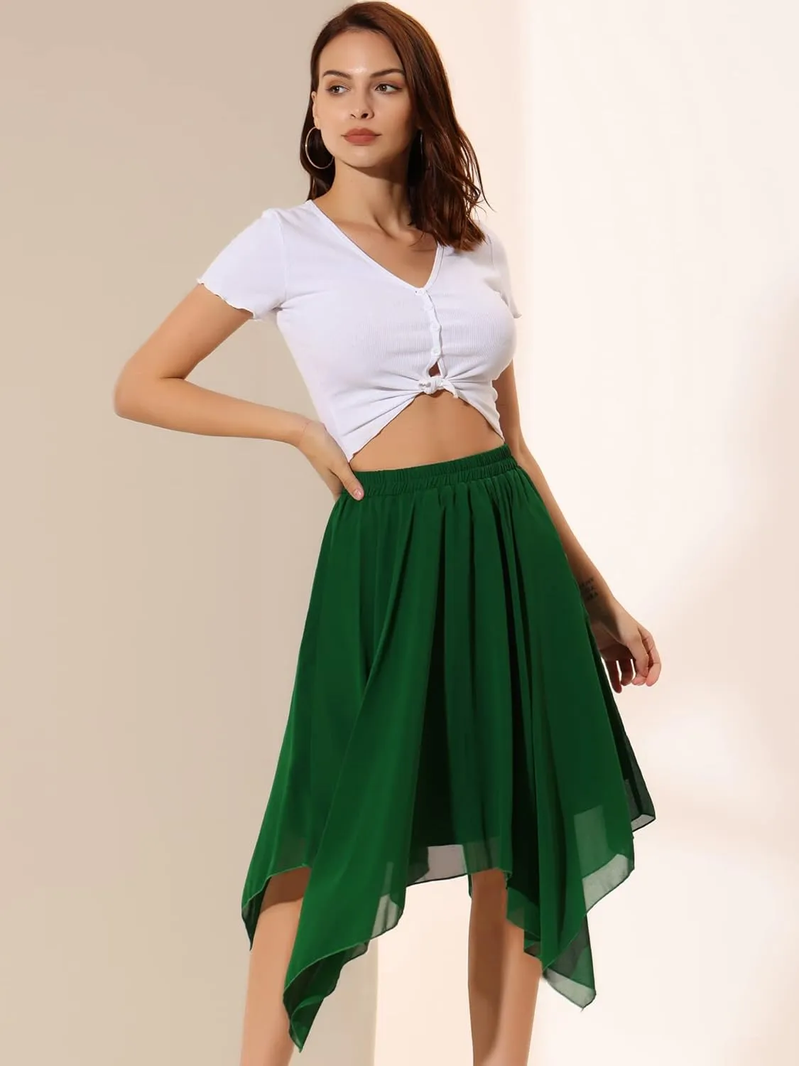 Allegra K Women's Asymmetrical Hem Elastic Waist Chiffon Flowy Vintage Handkerchief Hemline Midi Skirt