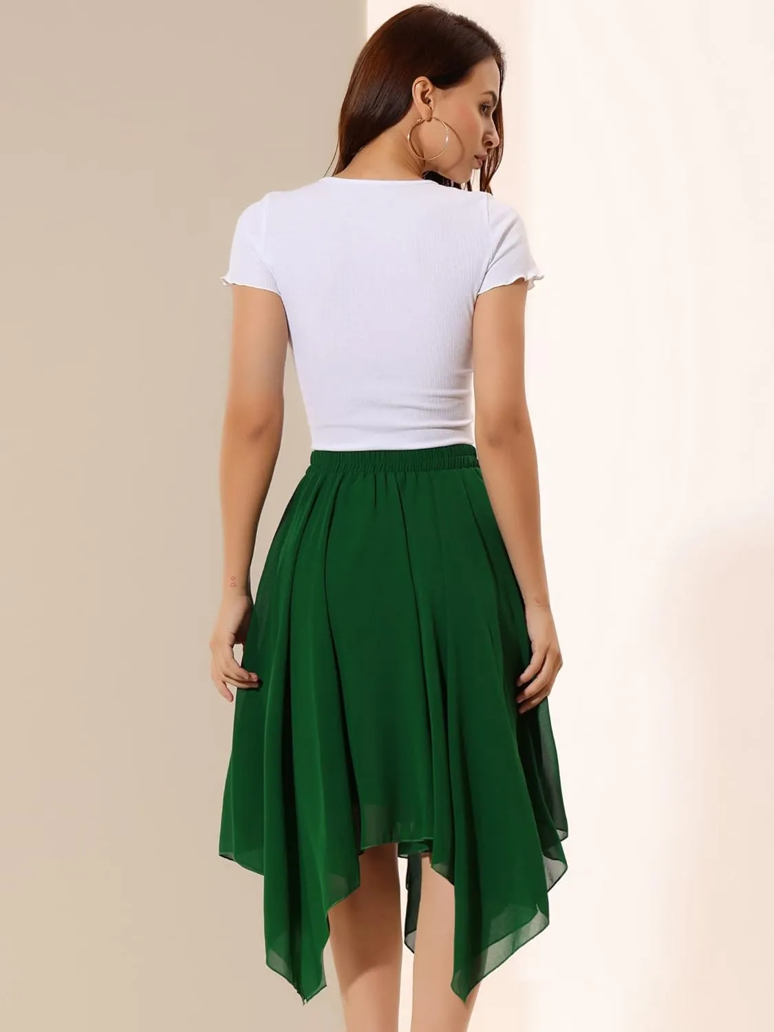 Allegra K Women's Asymmetrical Hem Elastic Waist Chiffon Flowy Vintage Handkerchief Hemline Midi Skirt