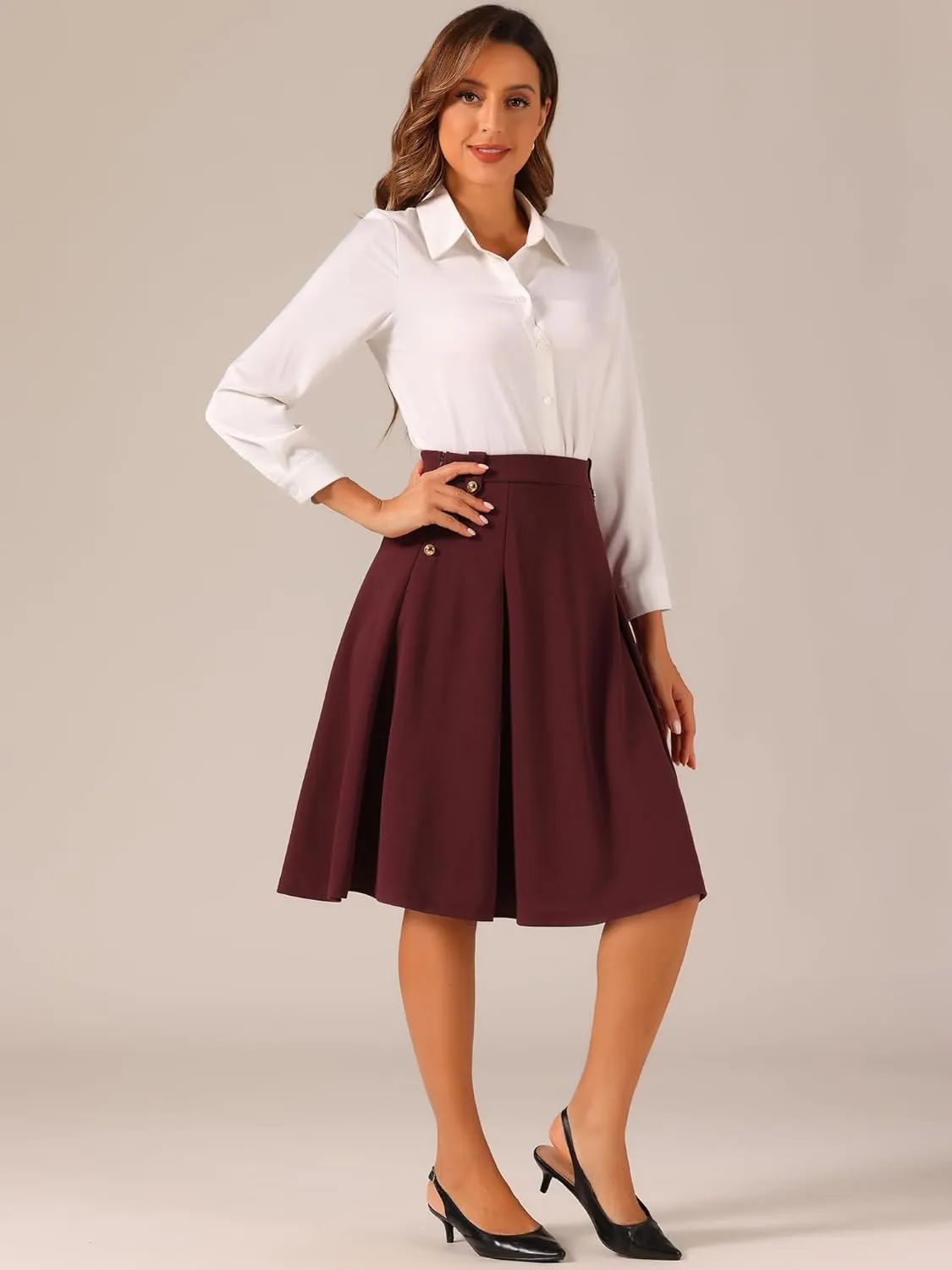 Allegra K Women's High Waist Work Office Vintage Pleated Flared Teacher Midi Skirt