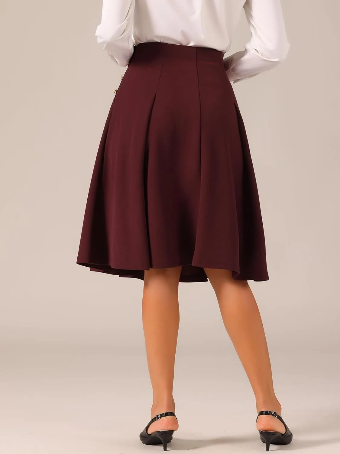 Allegra K Women's High Waist Work Office Vintage Pleated Flared Teacher Midi Skirt
