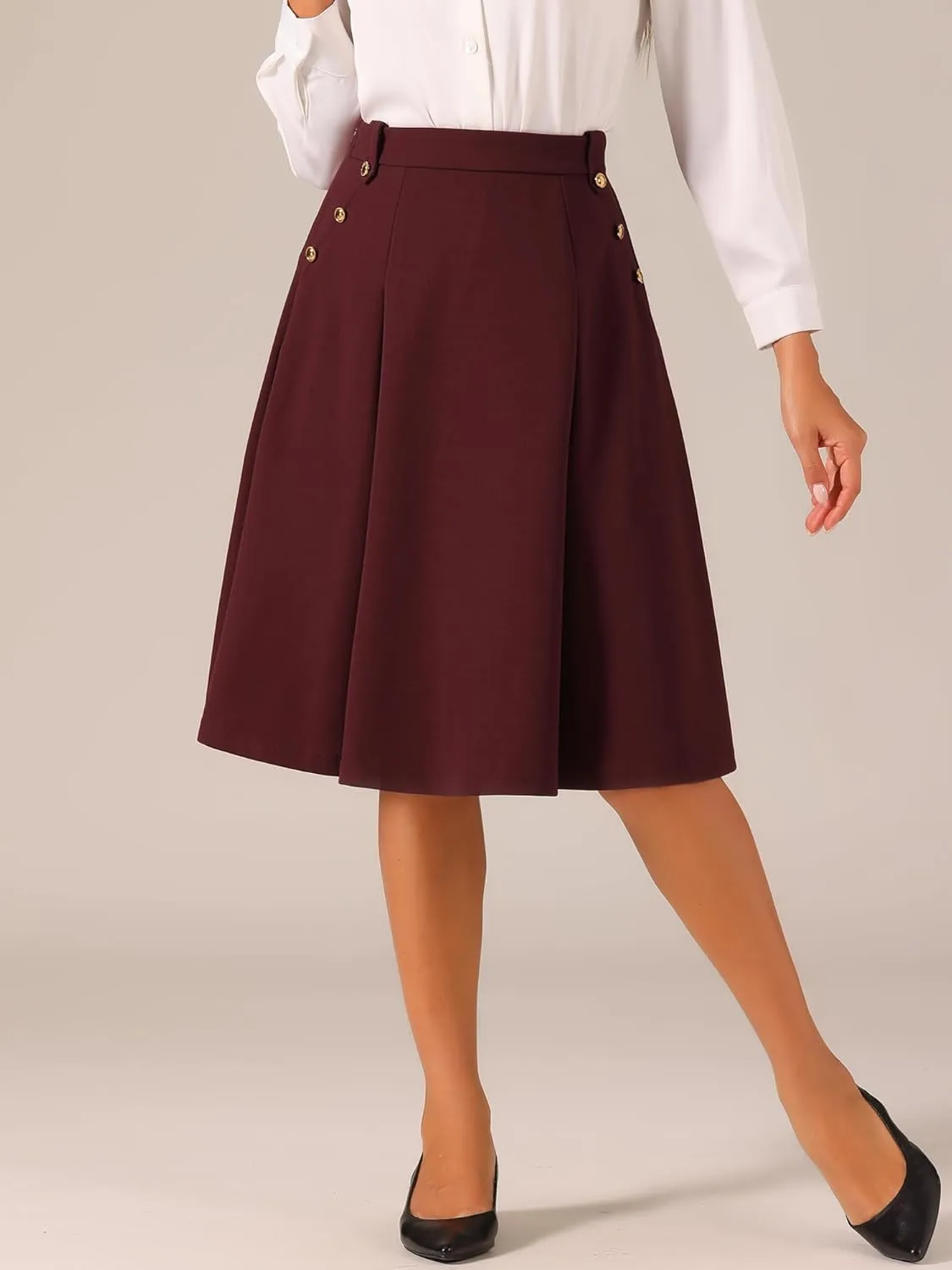 Allegra K Women's High Waist Work Office Vintage Pleated Flared Teacher Midi Skirt