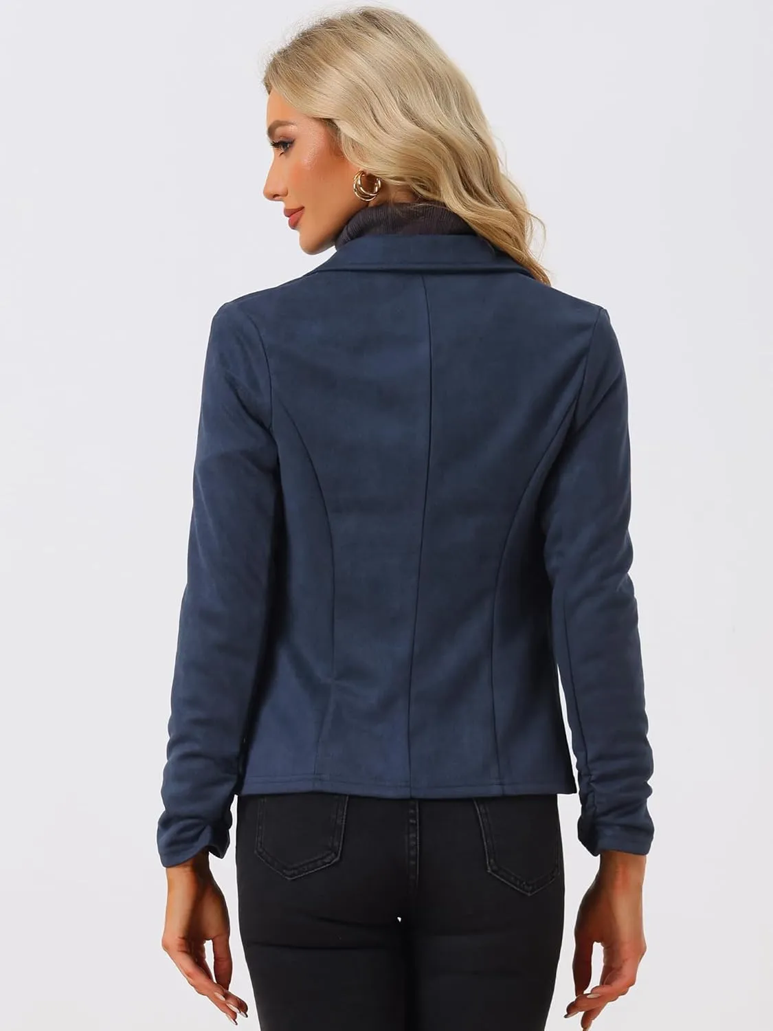 Allegra K Women's Long Sleeve Casual Open Front Drawstring Faux Suede Blazer