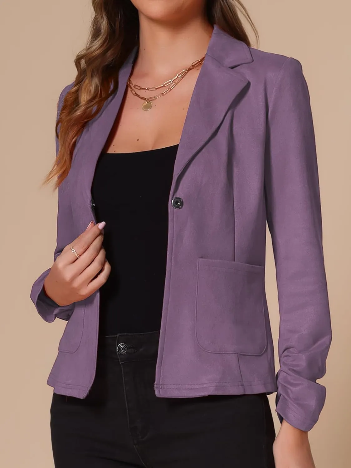 Allegra K Women's Long Sleeve Casual Open Front Drawstring Faux Suede Blazer
