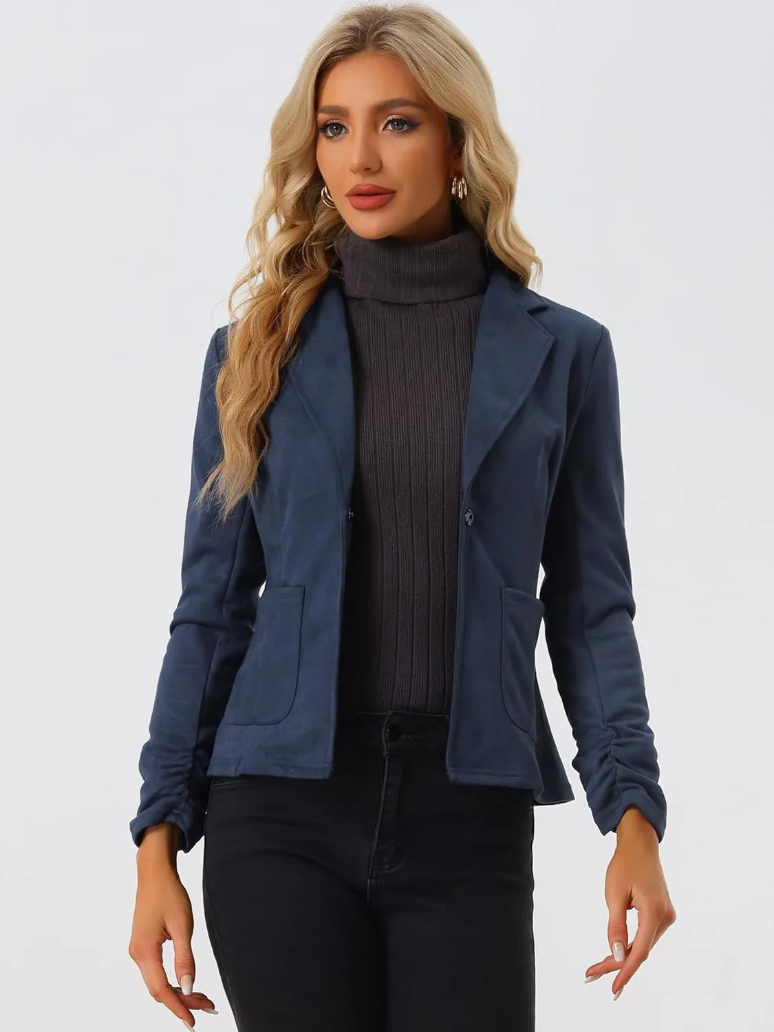 Allegra K Women's Long Sleeve Casual Open Front Drawstring Faux Suede Blazer