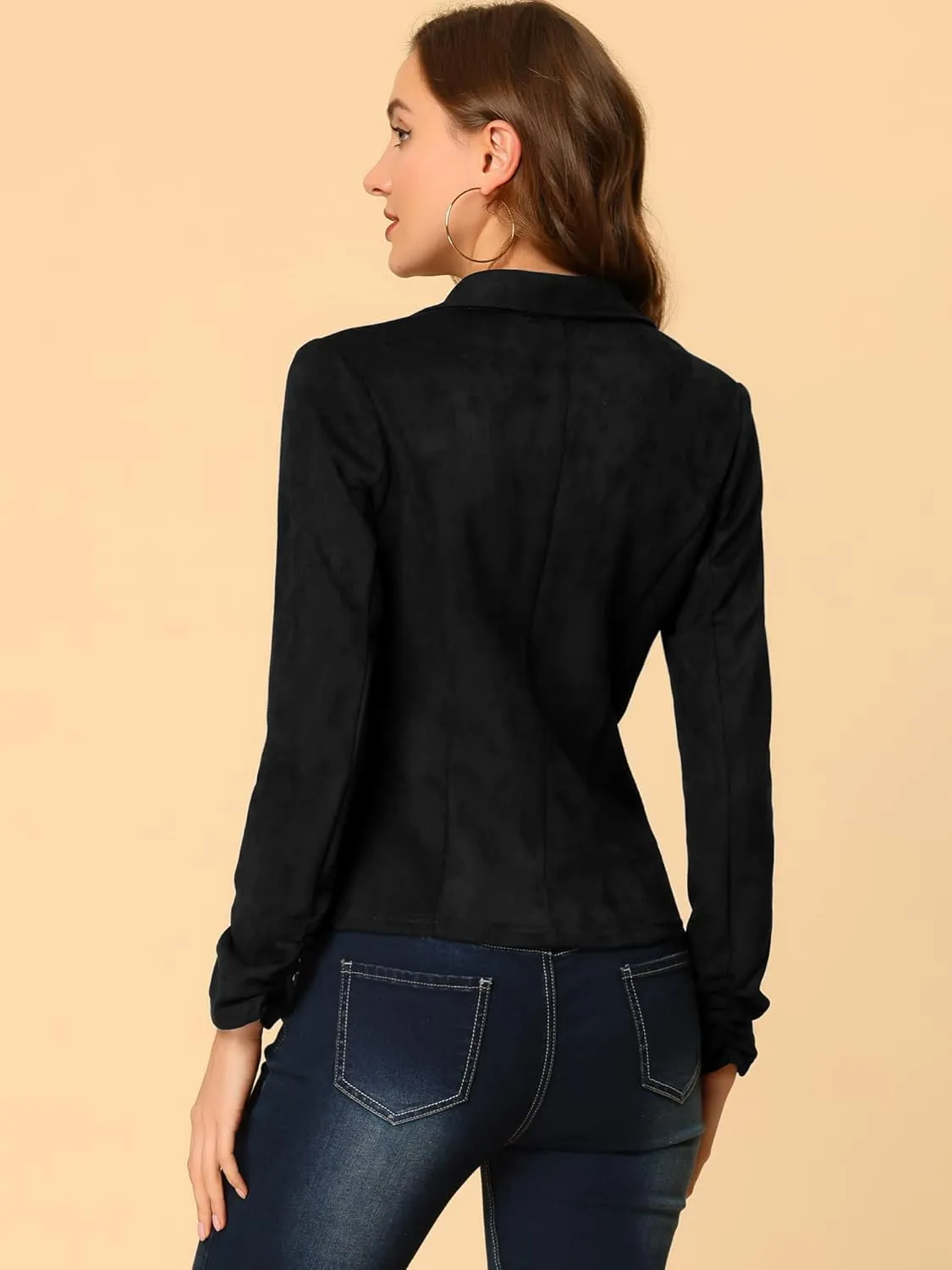 Allegra K Women's Long Sleeve Casual Open Front Drawstring Faux Suede Blazer