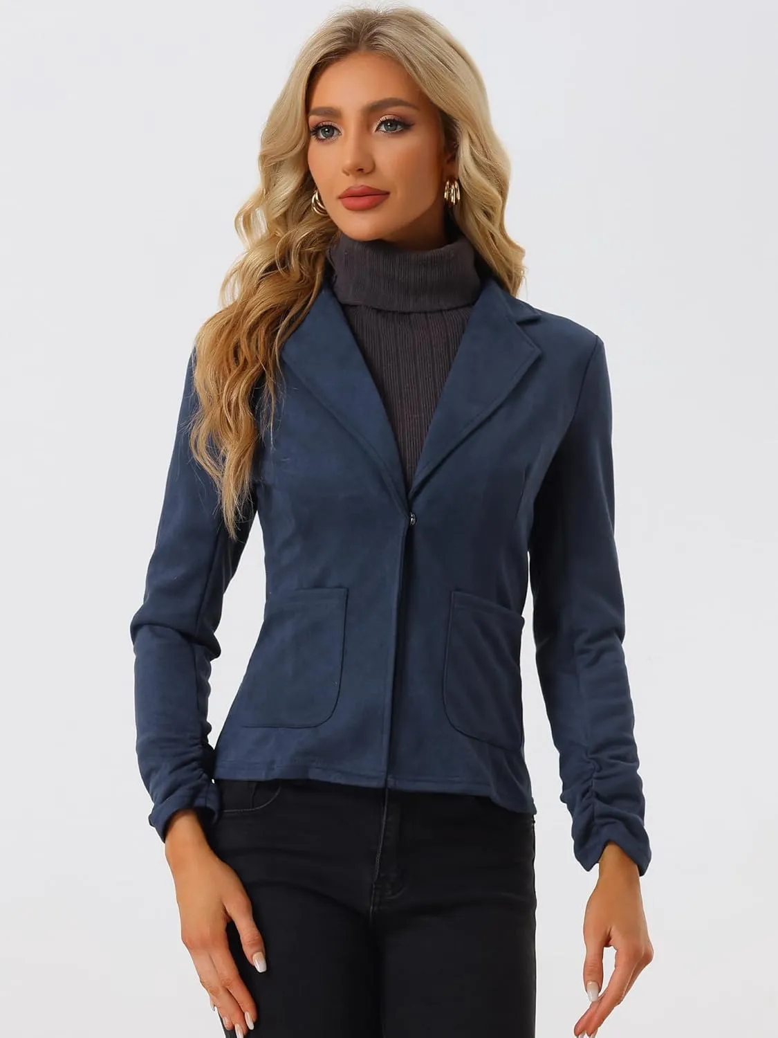 Allegra K Women's Long Sleeve Casual Open Front Drawstring Faux Suede Blazer