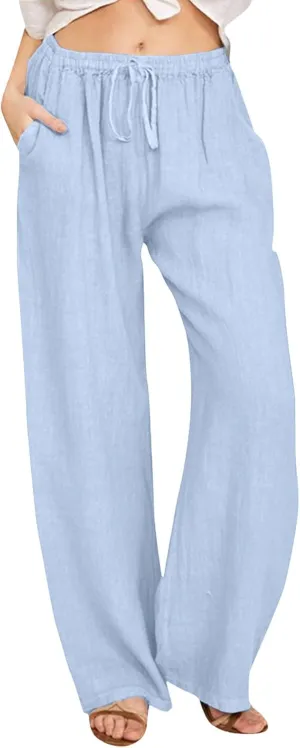 AMDBEL Linen Pants Women Summer Casual Pants Straight Leg Drawstring Elastic High Waist Loose Comfy Trousers with Pockets, Linen Pants Women Summer Beach
