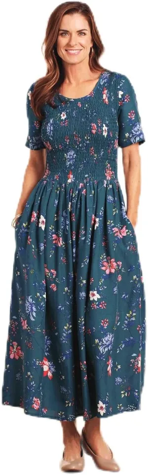 AmeriMark Smocked-Waist Dress with Elbow Sleeves and Scoop Neckline - Midi Dress with Full Gathered Skirt - Rayon Knit