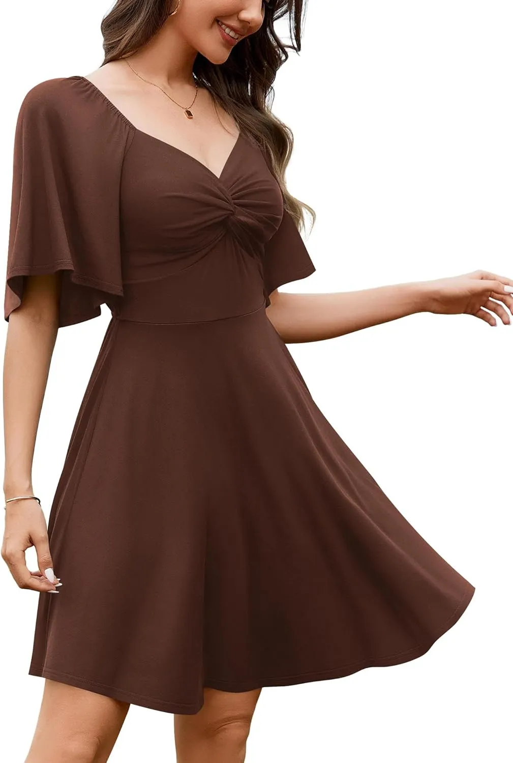 Amoretu Womens Sweetheart Neckline Stretchy Summer Dress Flutter Sleeve Flowy A-Line Mini Dresses