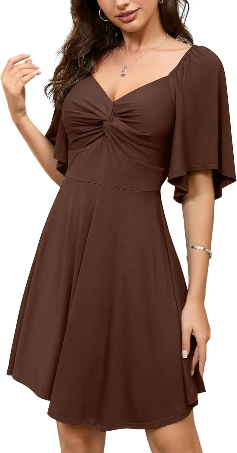 Amoretu Womens Sweetheart Neckline Stretchy Summer Dress Flutter Sleeve Flowy A-Line Mini Dresses