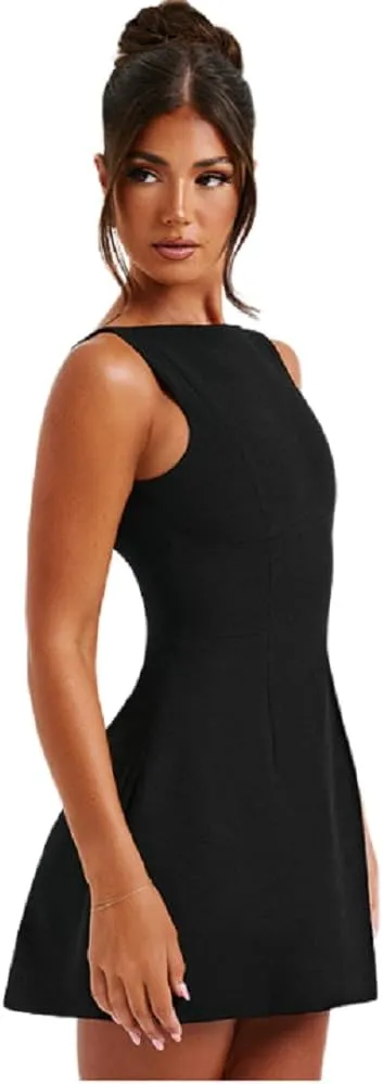 ANKOMINA Women's Elegant Pockets Mini Dress Cap Sleeve Mock Neck Tank Short Dress Bodycon Casual Work Office A Line Dresses
