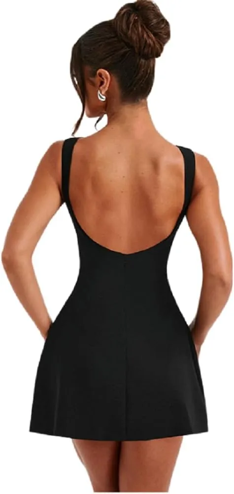 ANKOMINA Women's Elegant Pockets Mini Dress Cap Sleeve Mock Neck Tank Short Dress Bodycon Casual Work Office A Line Dresses