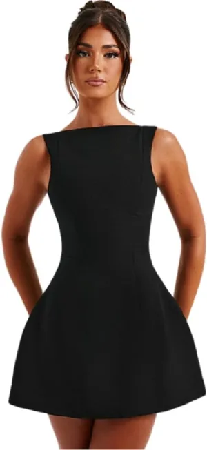 ANKOMINA Women's Elegant Pockets Mini Dress Cap Sleeve Mock Neck Tank Short Dress Bodycon Casual Work Office A Line Dresses