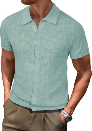 Arach&Cloz Mens Wool Blended Button Down Shirt Short Sleeve Knit 2025 Summer Fashion Dress Shirts Casual Business Golf