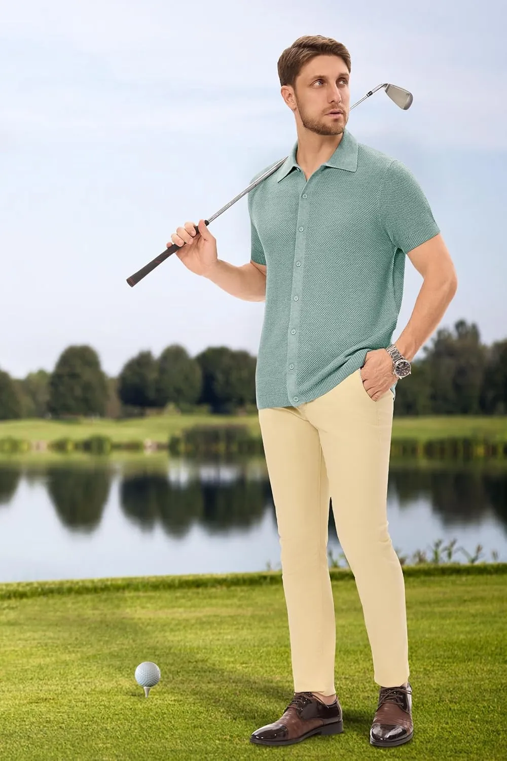 Arach&Cloz Mens Wool Blended Button Down Shirt Short Sleeve Knit 2025 Summer Fashion Dress Shirts Casual Business Golf