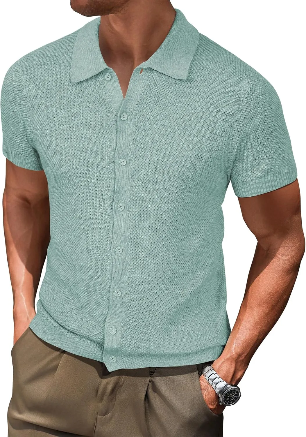 Arach&Cloz Mens Wool Blended Button Down Shirt Short Sleeve Knit 2025 Summer Fashion Dress Shirts Casual Business Golf