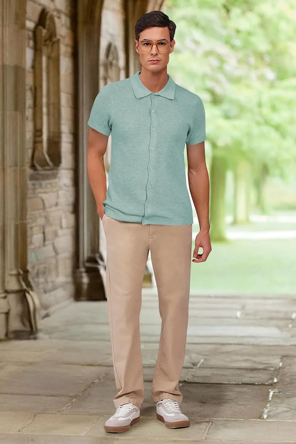 Arach&Cloz Mens Wool Blended Button Down Shirt Short Sleeve Knit 2025 Summer Fashion Dress Shirts Casual Business Golf