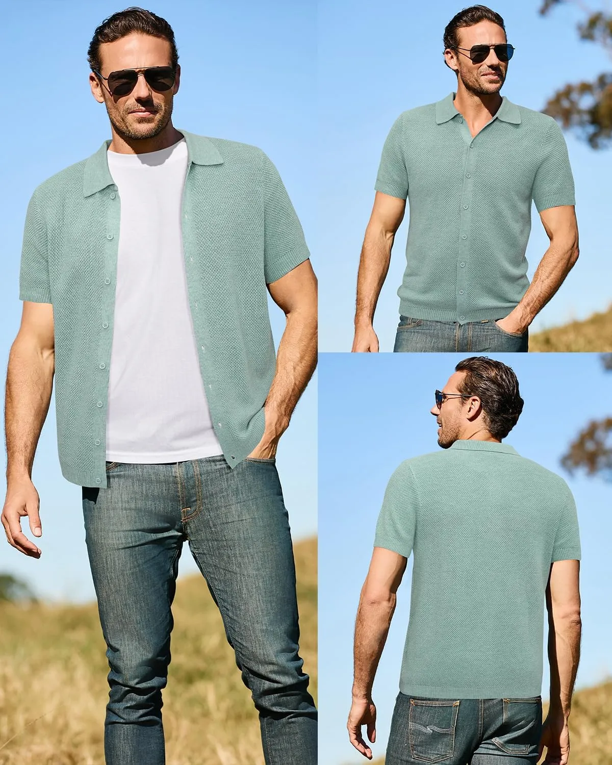 Arach&Cloz Mens Wool Blended Button Down Shirt Short Sleeve Knit 2025 Summer Fashion Dress Shirts Casual Business Golf