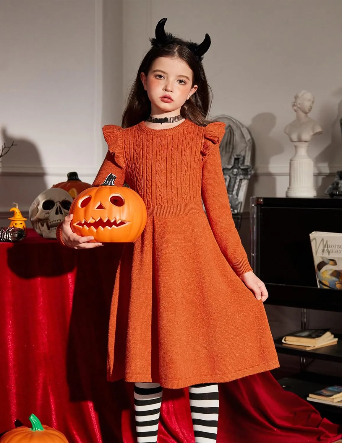 Arshiner Girls Sweater Dress Fall Winter Lantern Long Sleeve Cable Knit Pullover Midi Dresses