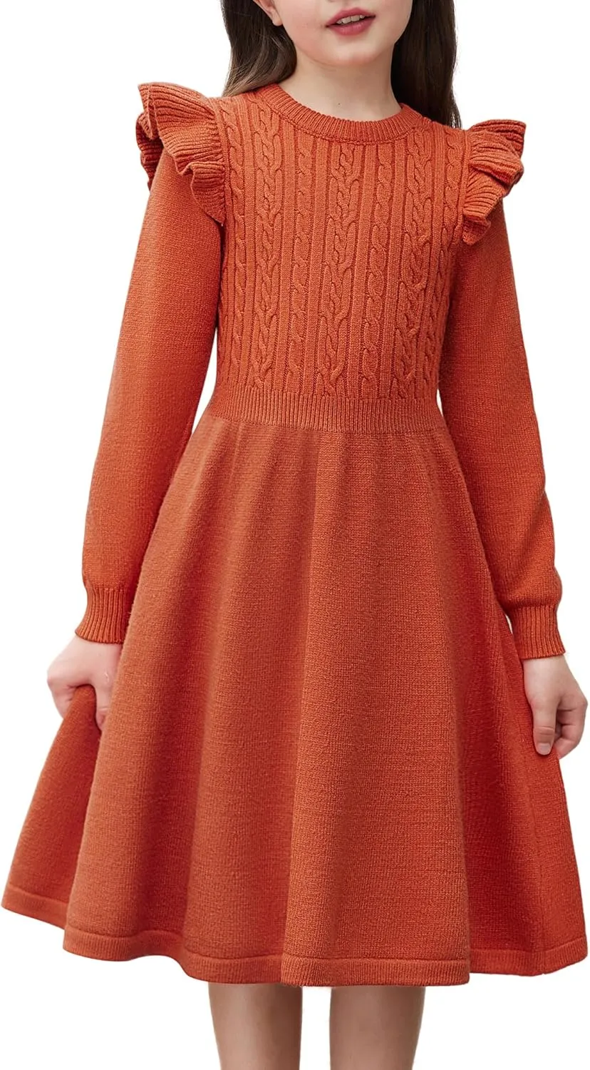 Arshiner Girls Sweater Dress Fall Winter Lantern Long Sleeve Cable Knit Pullover Midi Dresses