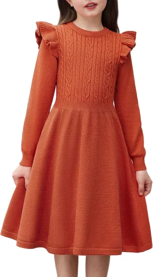 Arshiner Girls Sweater Dress Fall Winter Lantern Long Sleeve Cable Knit Pullover Midi Dresses