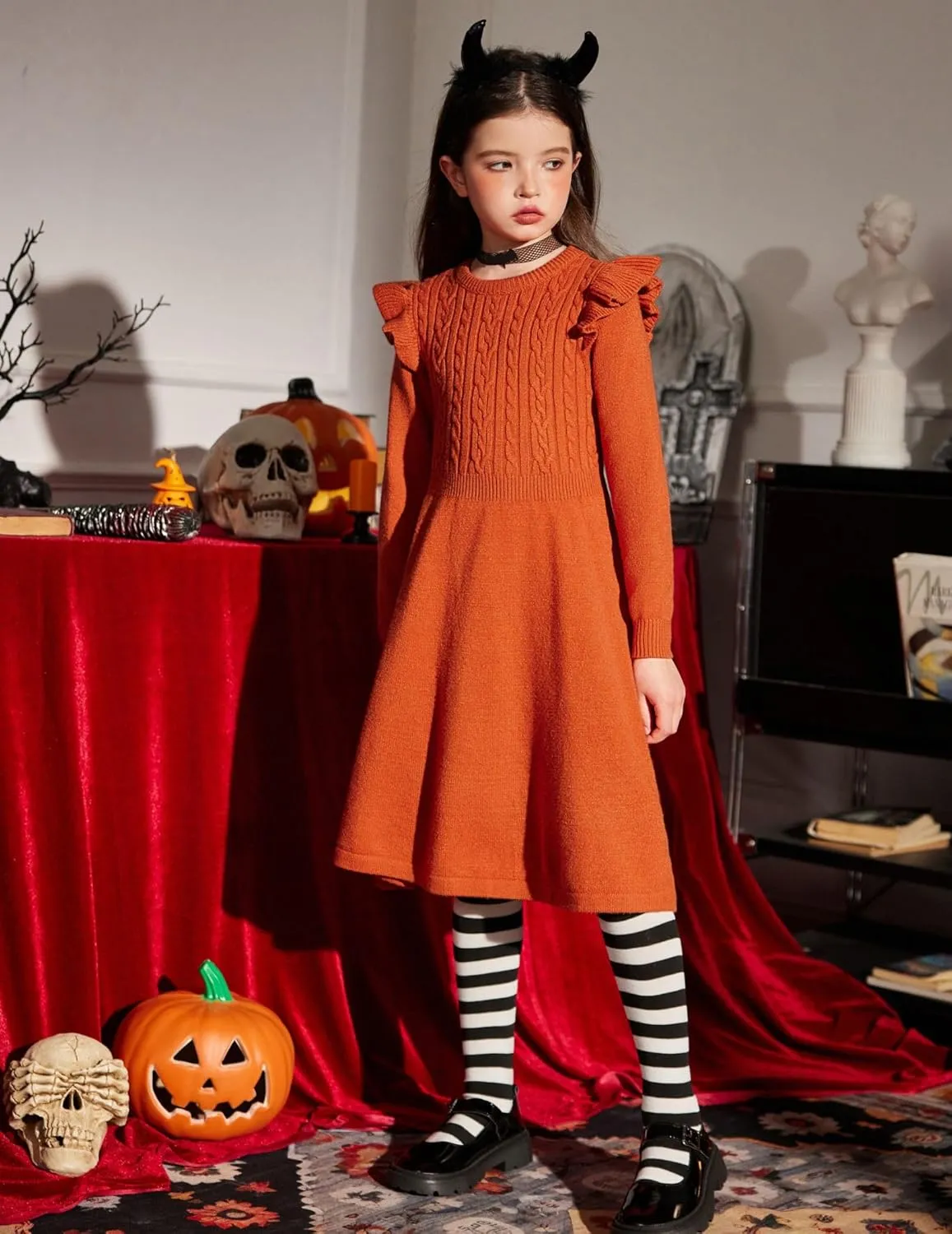 Arshiner Girls Sweater Dress Fall Winter Lantern Long Sleeve Cable Knit Pullover Midi Dresses