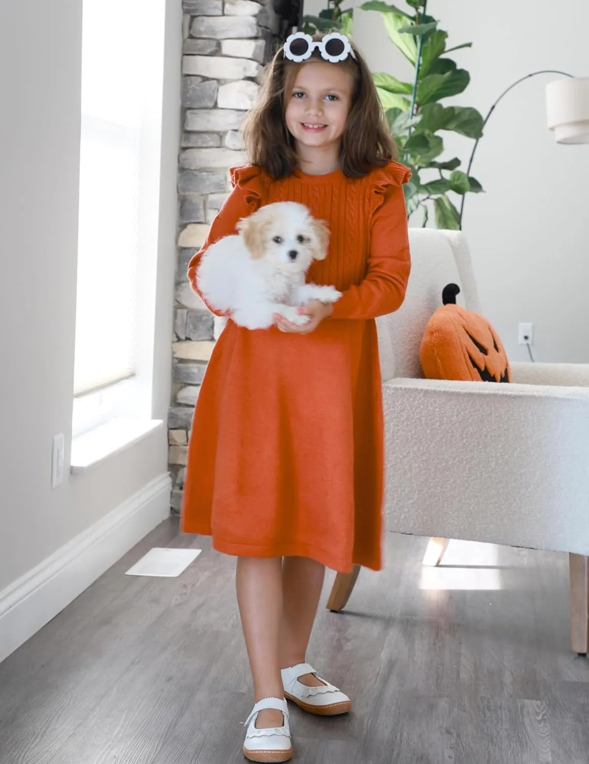 Arshiner Girls Sweater Dress Fall Winter Lantern Long Sleeve Cable Knit Pullover Midi Dresses